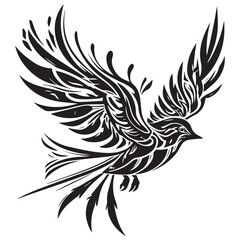 Obraz premium Stylized black bird in flight with flowing abstract wing feathers and tail feathers on a white background