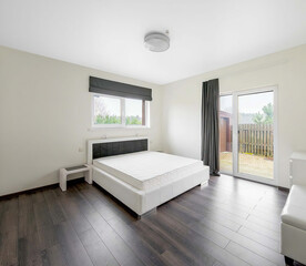Modern luxury bedroom interior in minimal scandinavian style, 3d render