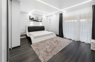 Modern luxury bedroom interior in minimal scandinavian style, 3d render