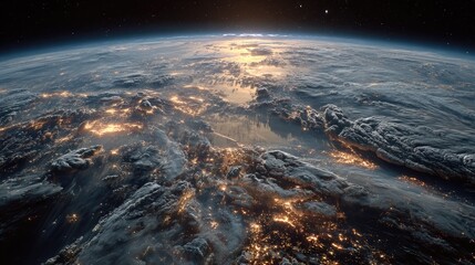 Satellite view Captivating view of Earth from a distant satellite revealing intricate cloud patterns and glowing city lights below
