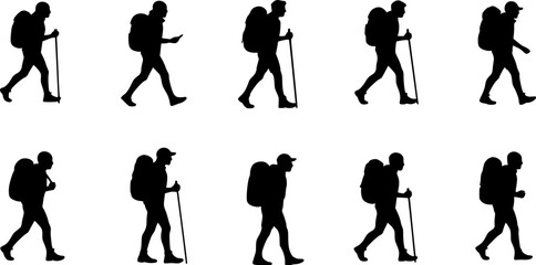 Obraz premium Silhouette Collection: Hikers with Backpacks, Black and White, Outdoor Adventure, Travel 