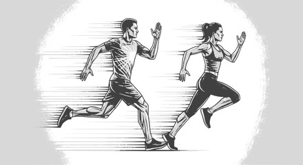 Fototapeta premium Running man and woman, isolated vector silhouettes. Run, side view. Silhouettes of athletic looking male and female runners running. EPS 10 version.