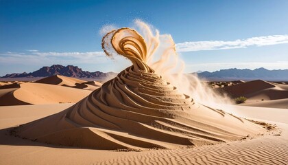 Desert Sand Dune with Whirlwind in Motion, Abstract Sand Pattern
