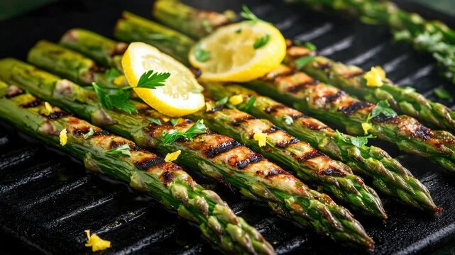 A plate of asparagus with lemon slices and parsley. The asparagus are grilled and are in a row