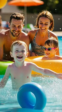 Joyful family pool time: kids splashing and laughing in summer sun