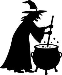 Witch Stirring Cauldron Illustration: Halloween Art, Black and White Woodcut Style
