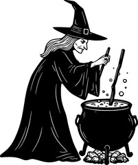 Witch Stirring Cauldron Illustration: Halloween Art, Black and White Woodcut Style
