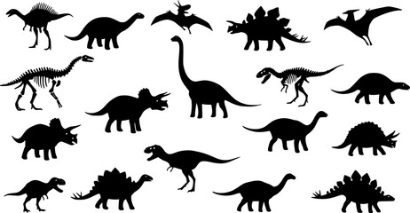 Black Silhouette Dinosaur Fossils and Dinosaurs Vector Illustration
