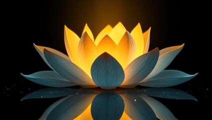 Illuminated lotus flower with soft blue petals and a warm yellow glow at its center, reflected in a dark surface.