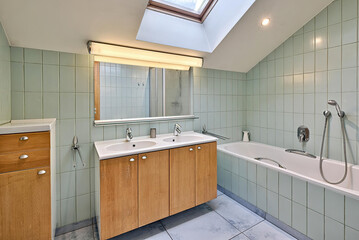 Modern bathroom interior in minimal scandinavian style, 3d render