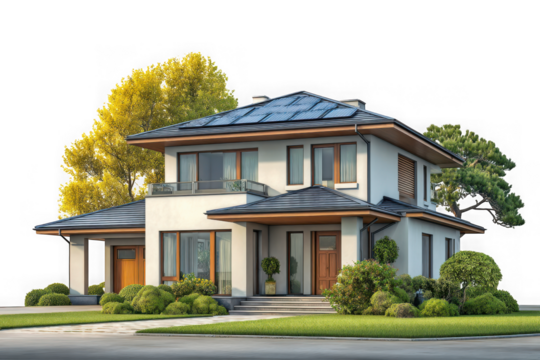 Modern two story residence with solar panels and lush landscaping isolated on transparent background