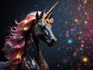 Fancy unicorn with long colorful horn and abundant colorful mane. Image generated with AI.