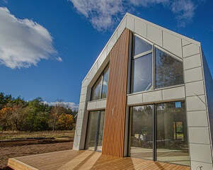 Modern luxury villa exterior in minimal scandinavian style, 3d render
