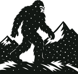  Bigfoot Yeti silhouette surrounded by falling snow, with sharp mountainous horizon