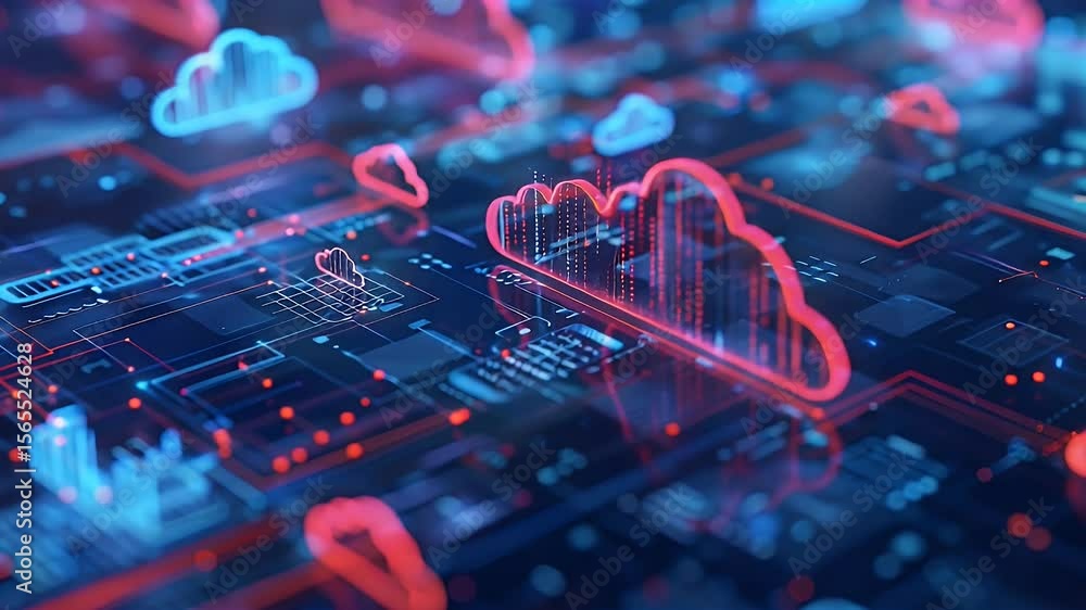 Poster digital cloud computing illustration with red and blue neon lights. abstract circuit board backgroun