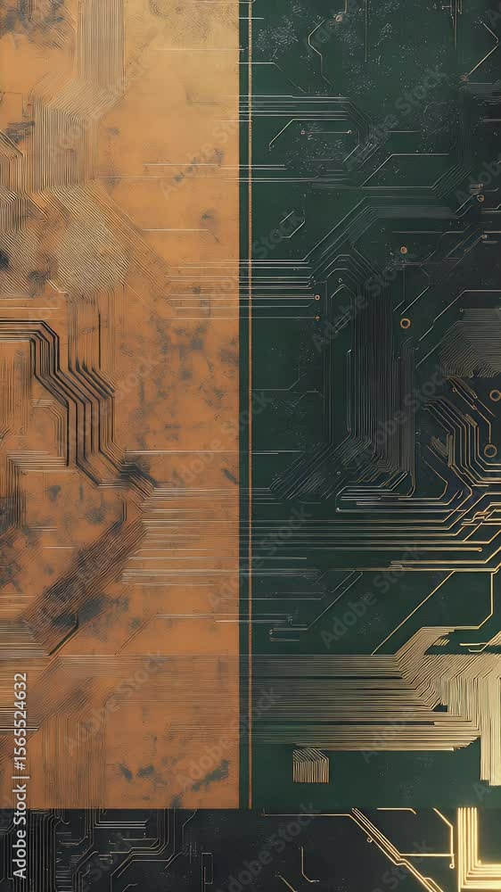 Poster abstract circuit board design with glowing lines and textures featuring gold and green tones creatin