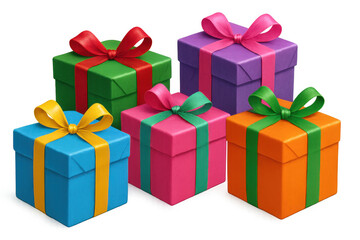 Five colorful wrapped gift boxes with colorful ribbons on a transparent background, perfect for festive occasions