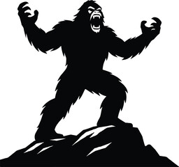 Black and white vector of Bigfoot Yeti howling on a hilltop with distant mountain peaks
