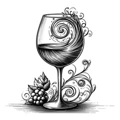 Wine glass with swirls in a monochromatic style, used for wine tasting