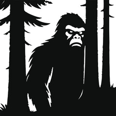Yeti silhouette peeking from behind trees, only partially visible, black and white