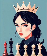 simplified poster style illustration woman as chess queen