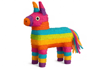 Colorful papier-mâché donkey piñata hanging, representing festive mexican party tradition against transparent backdrop