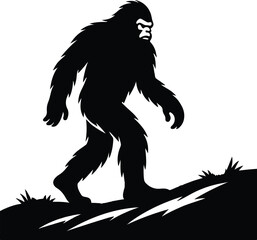 Silhouette of Bigfoot Yeti in black and white, walking along a mountain trail with tall pine trees
