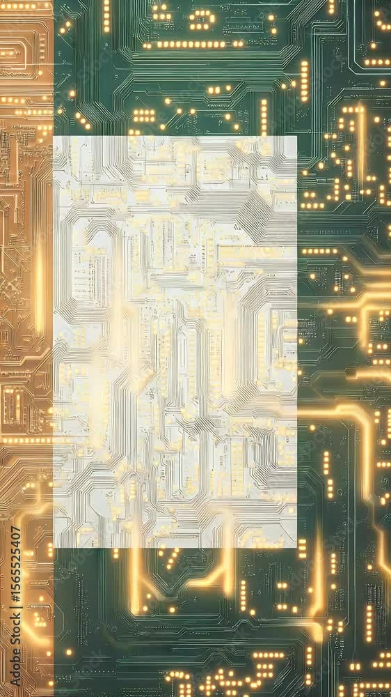 Poster vertical composition showcasing a technological circuit board pattern with golden and green tones fe