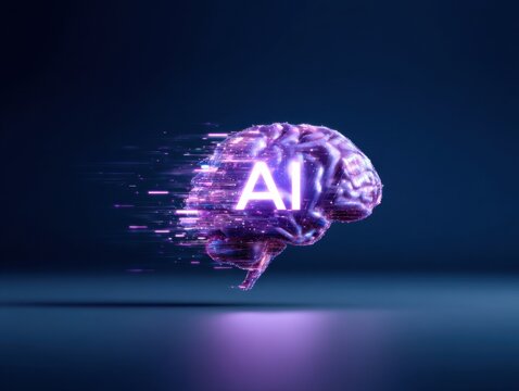 A digital brain with the letters "AI" glowing inside, symbolizing artificial intelligence and futuristic technology in a dark, tech-inspired background.