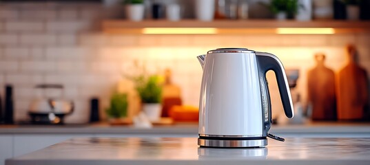 A modern electric kettle displayed on the right, blurred kitchen setting