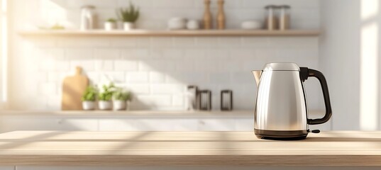 A modern electric kettle displayed on the right, blurred kitchen setting