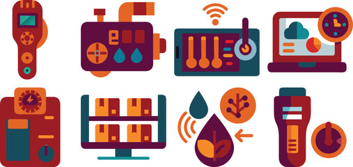 Vector art of a collection of colorful smart farm technology icons isolated on transparent background.