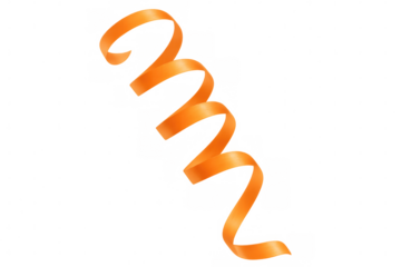 Glossy orange curling ribbon cascading against transparent backdrop, perfect for festive decorations, celebrations, and party embellishments