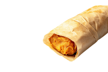 Photo of a kraft paper roll with an open end, filled and wrapped in spiced sweet potato paste for a Frankish-style packaging on a white isolated on a transparent background in PNG format.