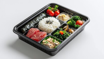 Isometric View Of A Japanese Lunchbox With Rice, Fish, And Vegetables On White Background