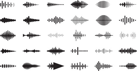 Collection of Thirty Black and White Traced Sound Waveforms Various Styles and Shapes Audio Visualizer Graphic Elements