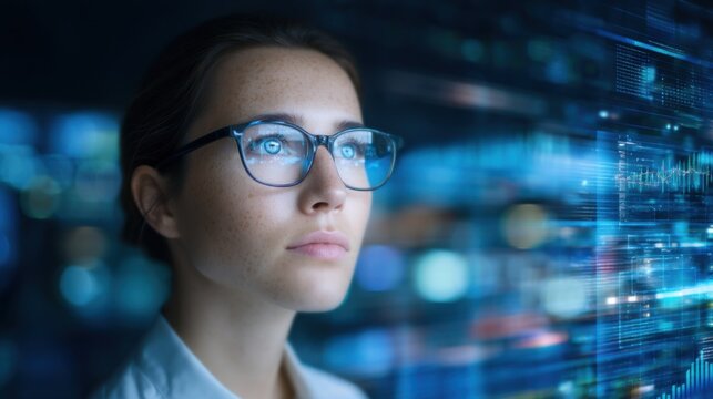 A woman wearing glasses intently studies digital data and graphs displayed on a transparent screen in a futuristic, tech-driven environment.