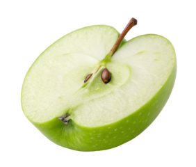 Close up view of a sliced green apple showing seeds and texture on a black background surface