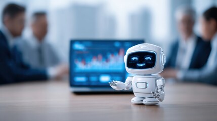A small white robot figurine sits on a table with a blurred business meeting and a digital screen showing data in the background.