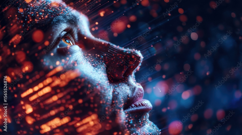 Aufkleber a digital human face composed of glowing data streams and particles, symbolizing artificial intellig