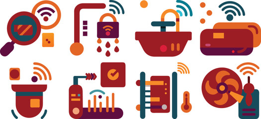 Vector art of a set of colorful smart home automation system icons isolated on transparent background.