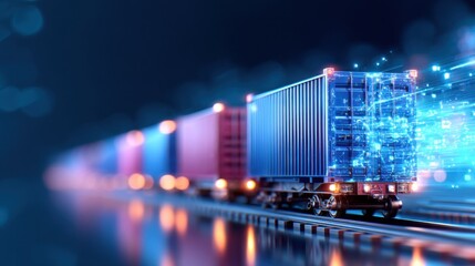 A futuristic digital cargo train moves swiftly along tracks, symbolizing advanced logistics and technology in transportation and supply chain management.