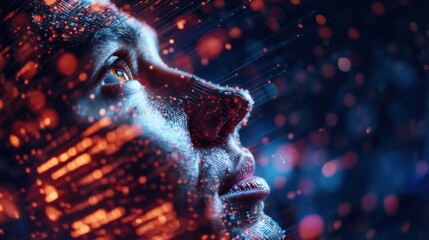 A digital human face composed of glowing data streams and particles, symbolizing artificial intelligence and futuristic technology.