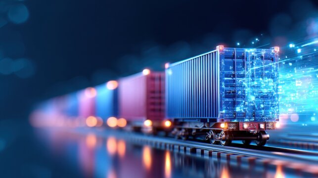 A futuristic digital cargo train moves swiftly along tracks, symbolizing advanced logistics and technology in transportation and supply chain management.