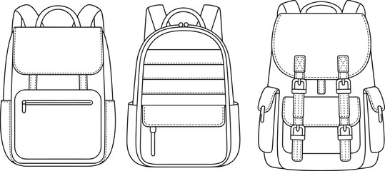 Backpack flat sketch, front view, technical bag drawing, cad design template, fashion accessory, travel backpack vector, zipper and strap © Biplob Creatives