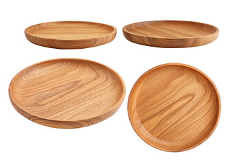 Four round wooden serving plates with natural grain pattern isolated on a white background image