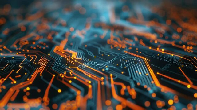 Orange circuit board with chips and wires, close up.