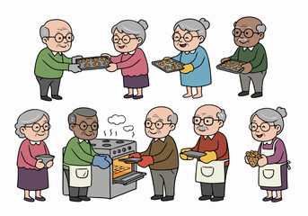 Cartoon illustration of diverse elderly people baking and sharing homemade cookies from the oven in the kitchen.
