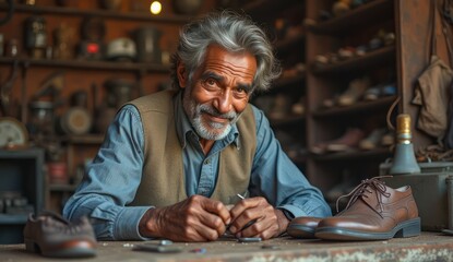 indian cobbler posing inside local repair shop
