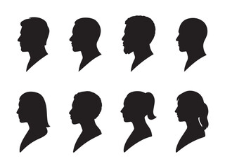 Minimal profile silhouette icons set, head side view vector collection, diverse human face , flat avatar placeholder silhouettes, assorted facial profile elements